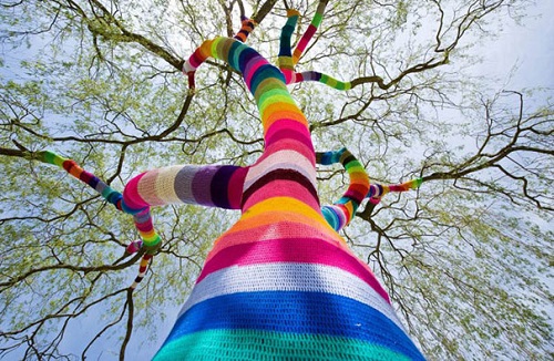 A willow tree trunk and branches decorated with brightly coloured rings of yarn