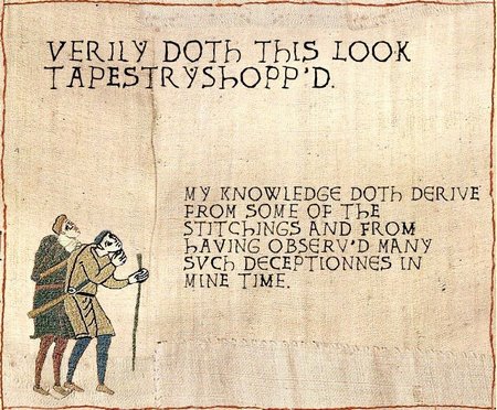 Some figures from a mediaeval tapestry with modified text