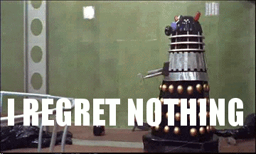 A Dalek spins around repeatedly and then falls down a hole in the spacedeck that somebody carelessly left lying around