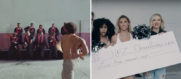 Side-by-side comparison of a shot from Childish Gambino's "This Is America" as he guns down a black gospel choir, next to the corresponding shot from Nicole Arbour's "Women's Edit" that shows a bunch of cheerleaders holding a giant check